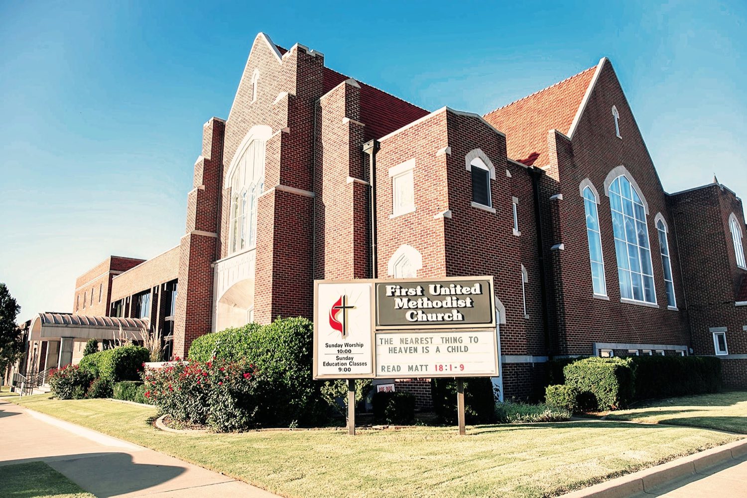 The First United Methodist Church building at 200 S. Sixth St. in downtown Ponca City